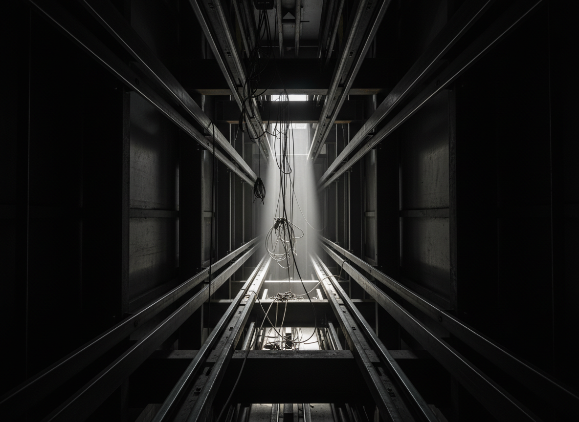 Dramatic low-angle photograph looking up inside a modern commercial elevator hoistway under construction, steel rails and structural framing, deep shadows, single beam of light, industrial and moody, near-black tones with subtle silver highlights, cinematic