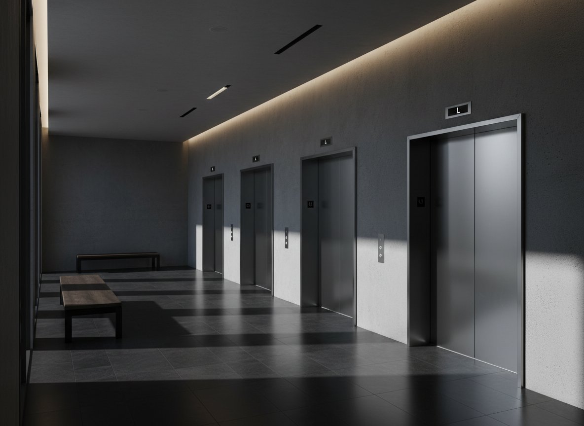 Sleek modern commercial office building elevator lobby with polished stainless steel doors, minimal industrial aesthetic, dramatic side lighting, dark tones