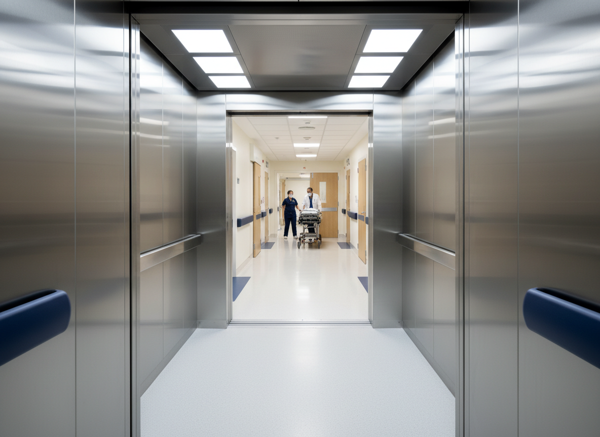 Large hospital service elevator with brushed stainless steel interior, spacious, clinical clean lighting, medical facility corridor visible