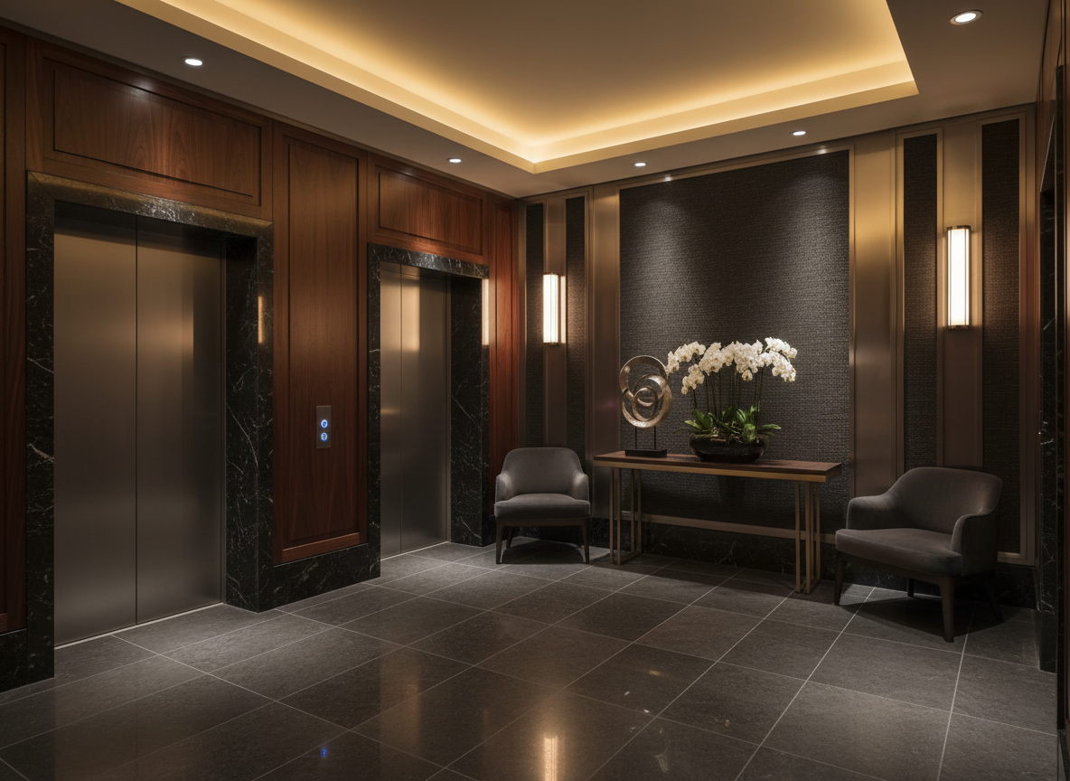 Elegant hotel elevator lobby with brushed metal and dark accents, sophisticated luxury hospitality interior, moody ambient lighting