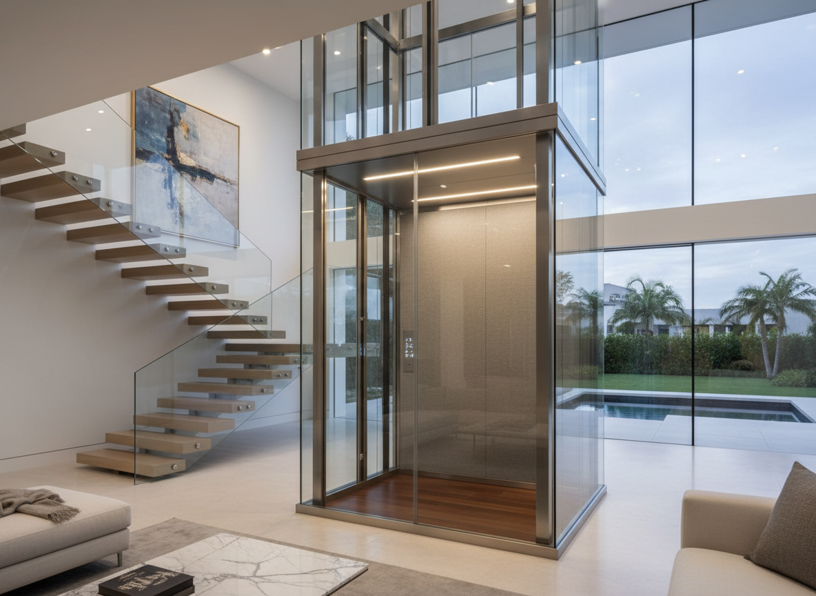 Contemporary residential home elevator with glass and steel, clean modern interior, warm but refined lighting, luxury home setting