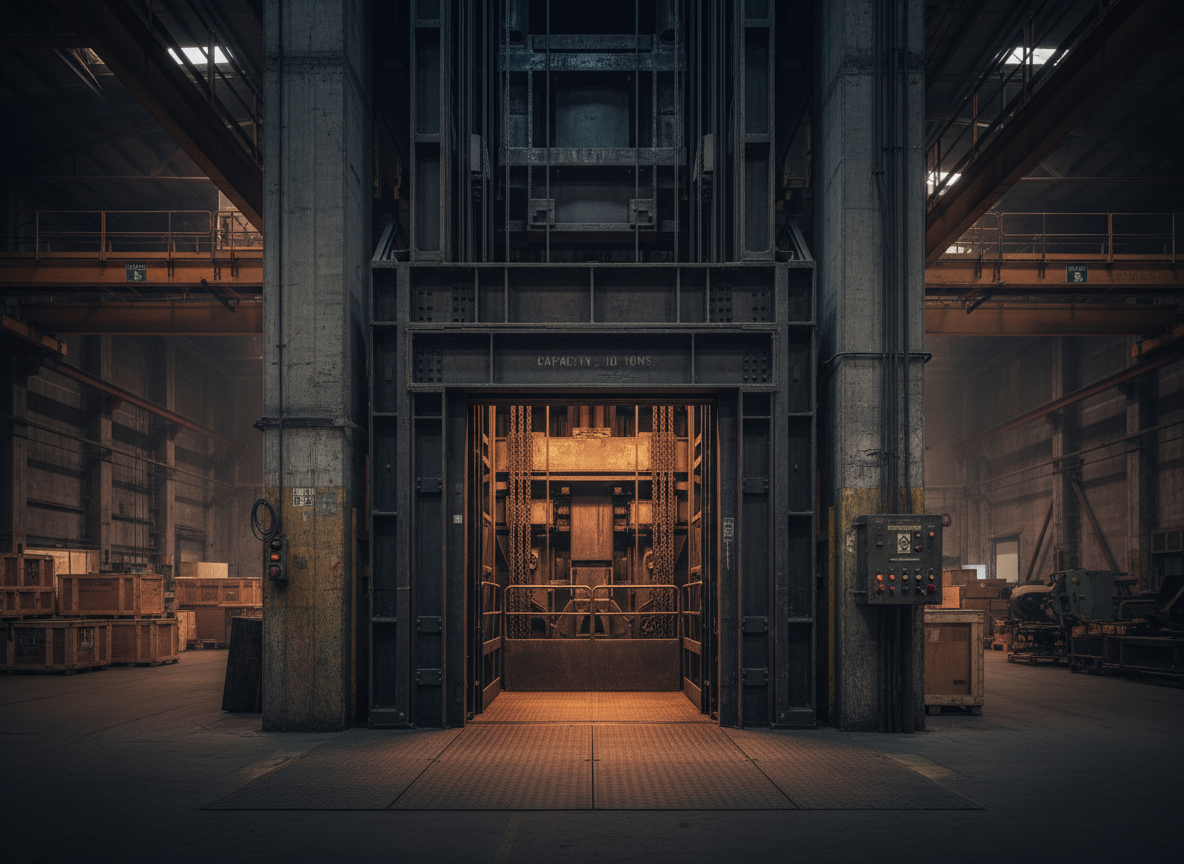 Heavy-duty industrial freight elevator with exposed steel structure, rugged mechanical detailing, warehouse setting, dramatic dark industrial lighting