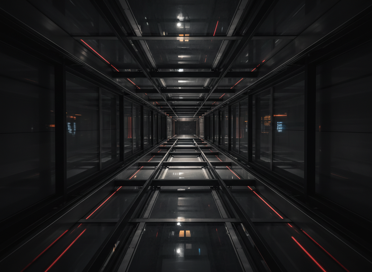 Dramatic low-angle view inside a modern glass elevator shaft with steel beams and red accent lighting