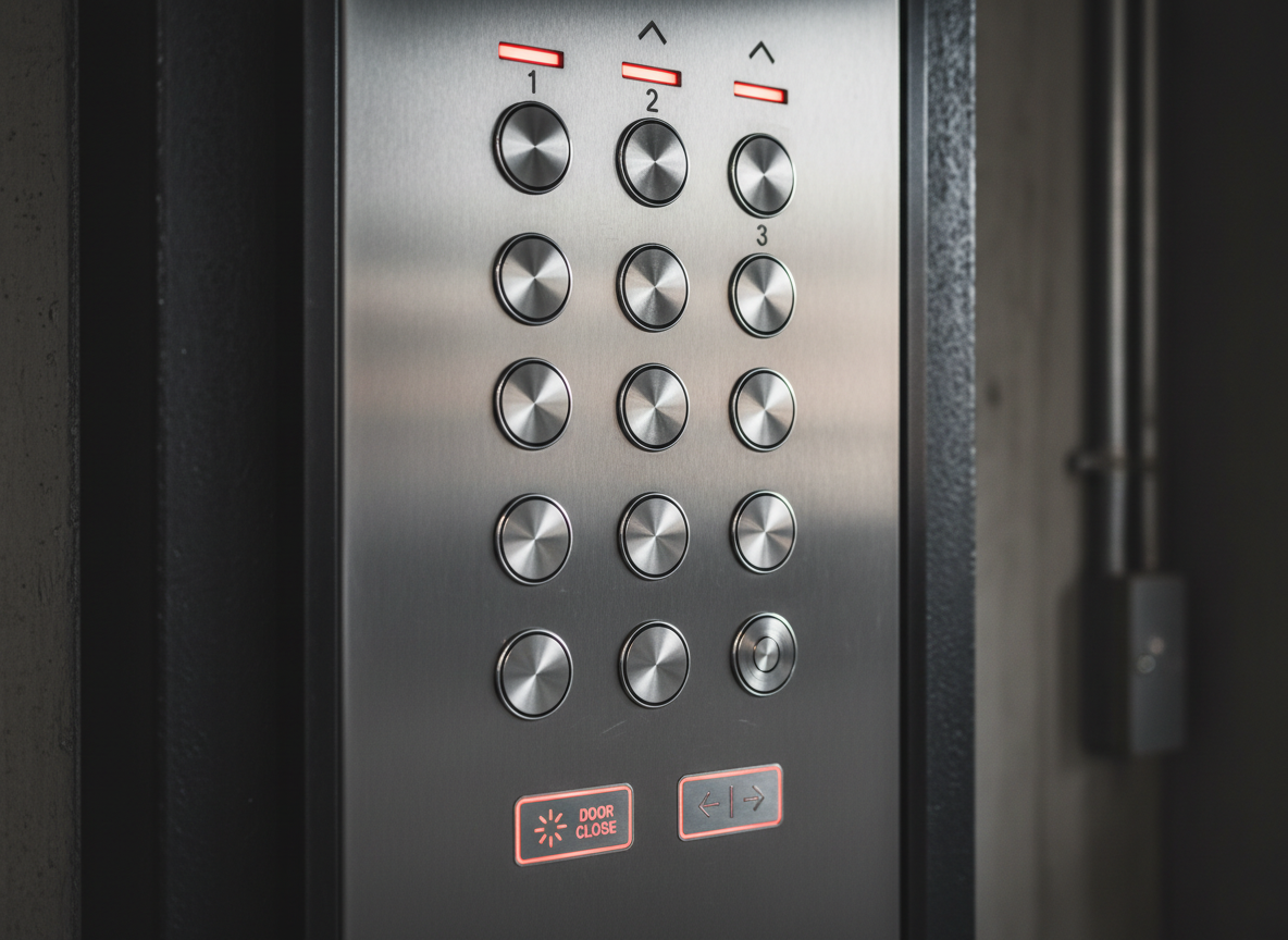 Sleek modern elevator control panel with brushed steel buttons and a red LED indicator