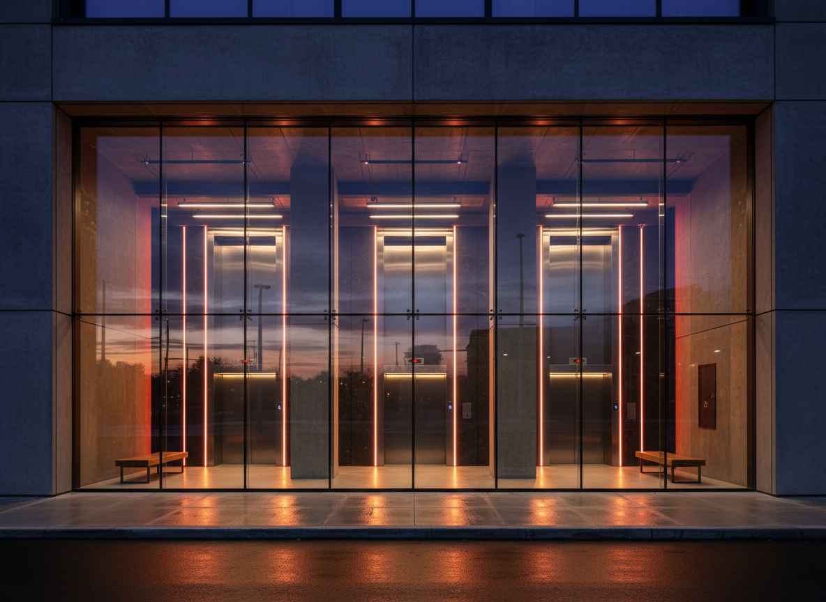 Modern commercial elevator lobby at dusk with polished steel doors and warm accent lighting