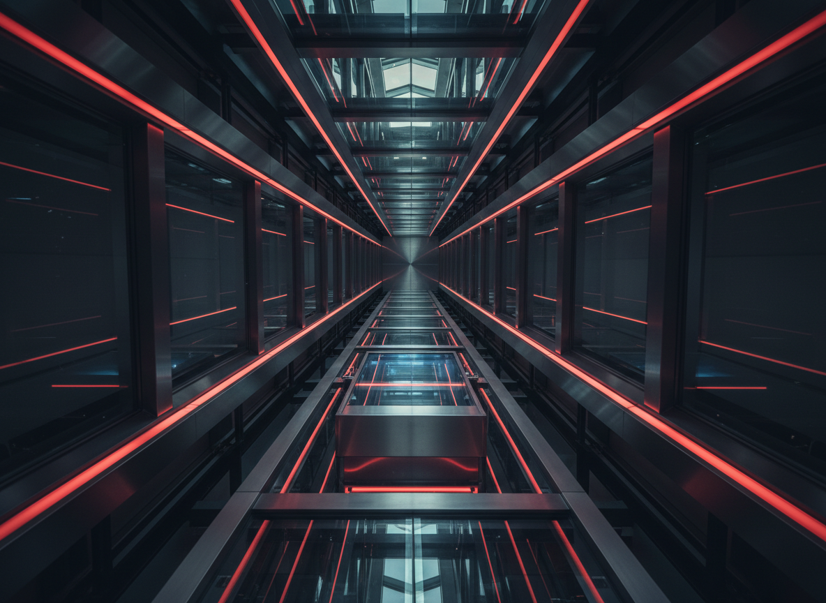 Interior of a modern steel and glass elevator shaft with dramatic lighting