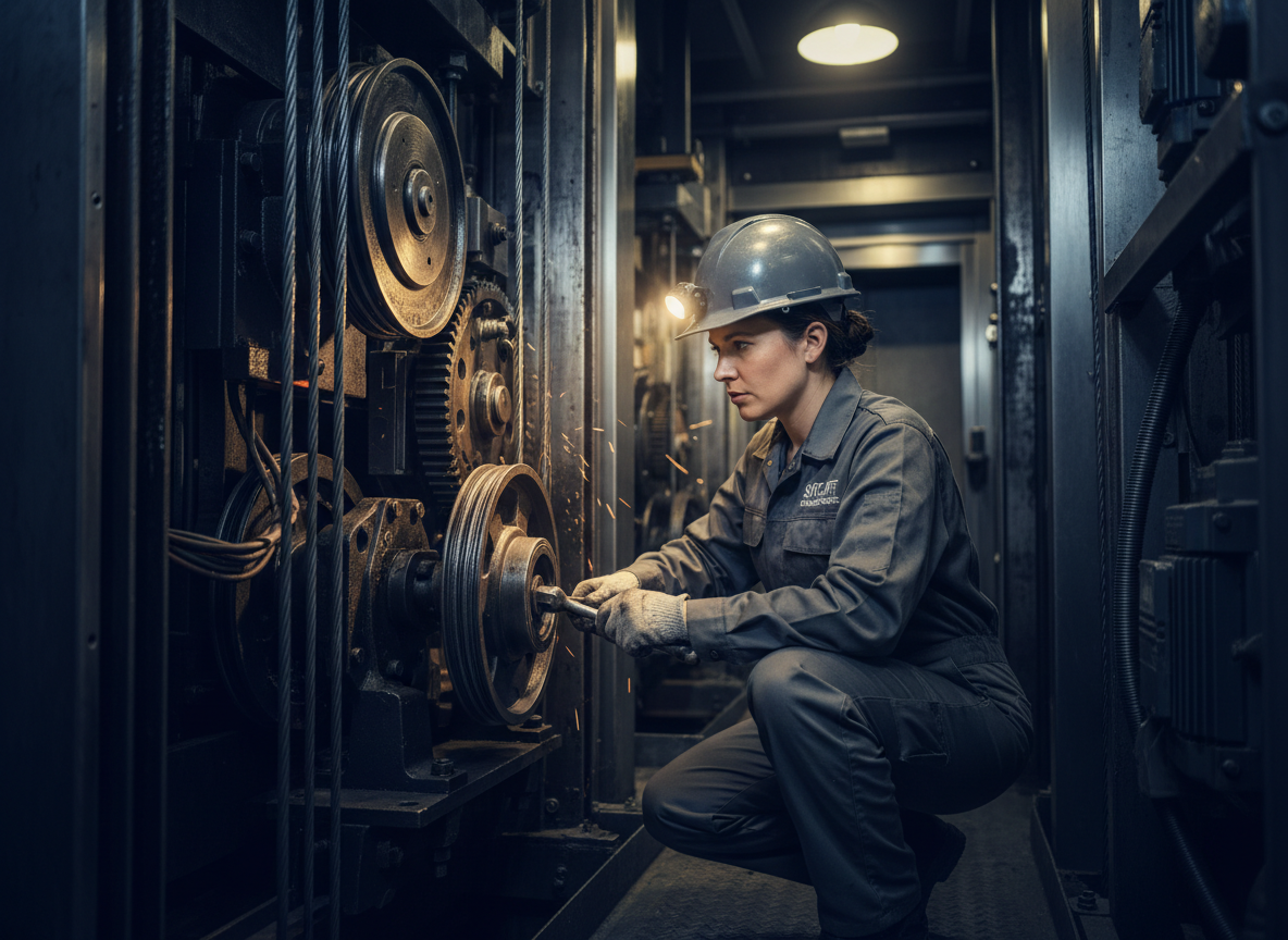 Elevator technician inspecting machinery and cables in a mechanical room